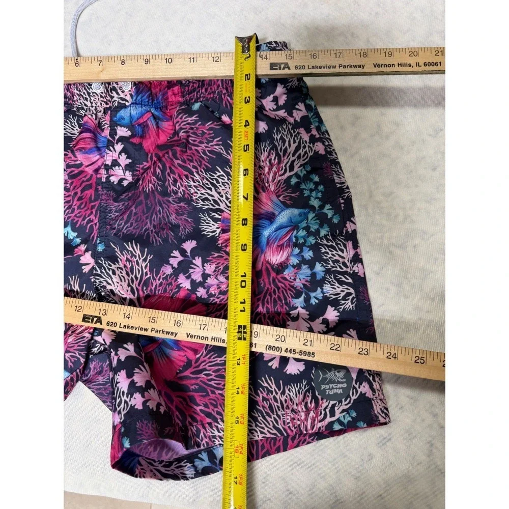 Psycho Tuna Mens Betta Fish Coral Print Swim Trunks Navy Pink Blue Size Small